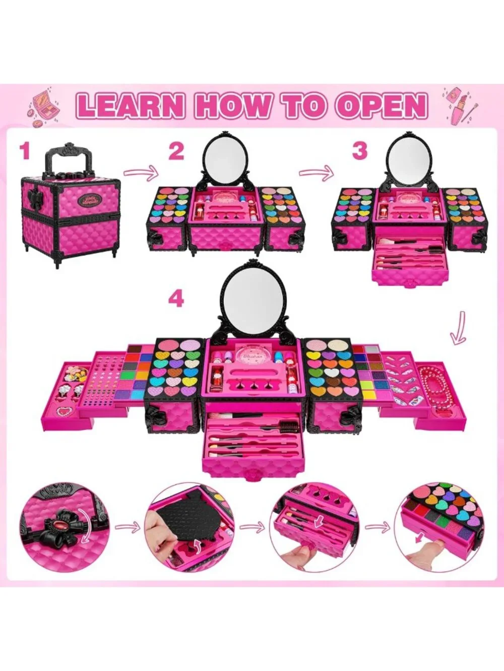 99 Pcs Kids Makeup Set for Girls, Washable Cosmetics, Mirror & Accessories, Age